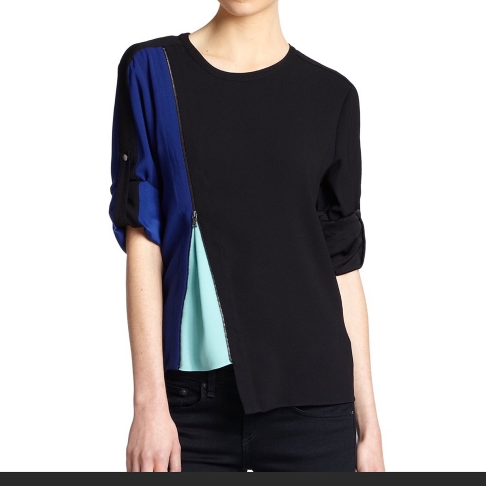 BCBGMAXAZRIA Versatile Blue-Aqua-Black Zip Blouse